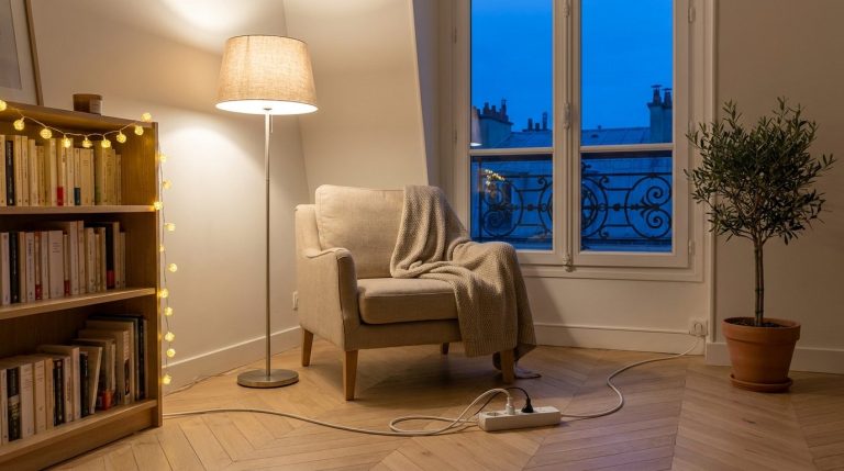 Coin lecture d'un appartement le soir, lampe et guirlande allumées près d'une multiprise