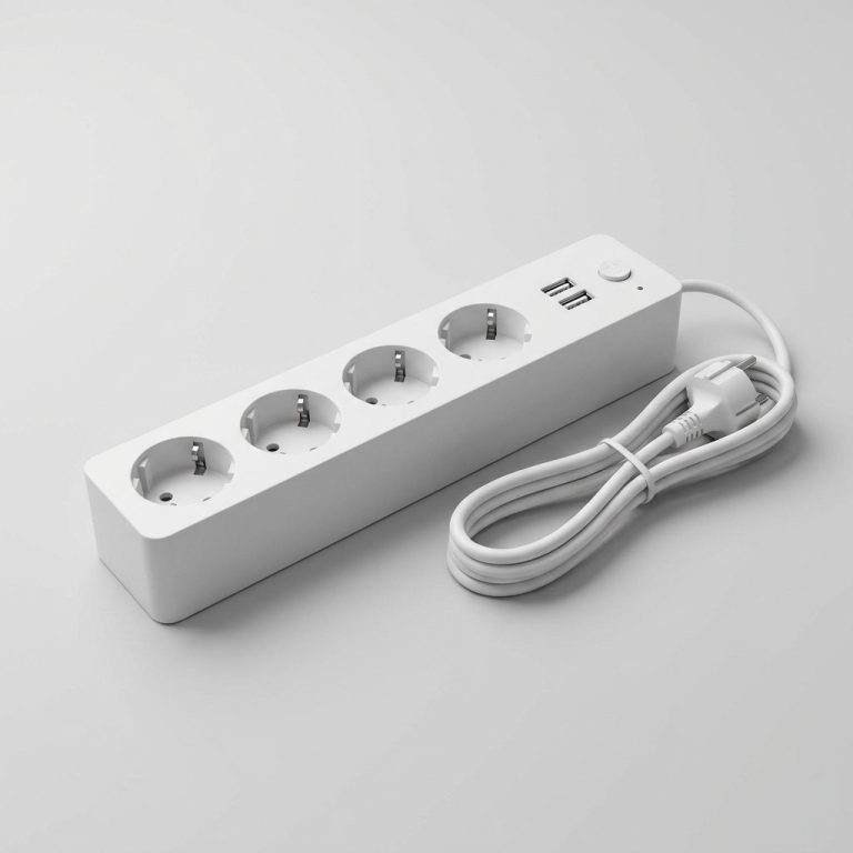 Multiprise connectée blanche à quatre prises françaises et deux ports USB, sur fond gris clair