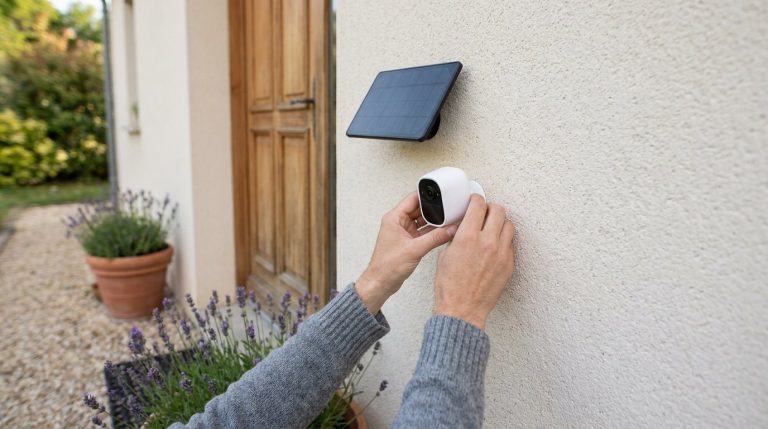 Mains fixant une caméra extérieure blanche sur une façade enduite, près d'une porte d'entrée