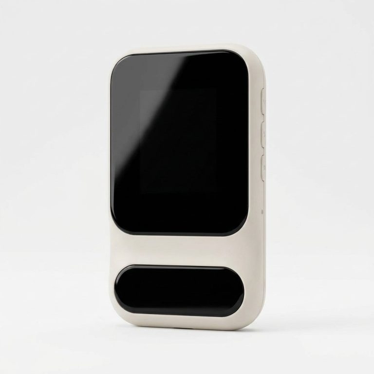 Routeur 4G de poche blanc cassé à façade noire, vu de trois quarts